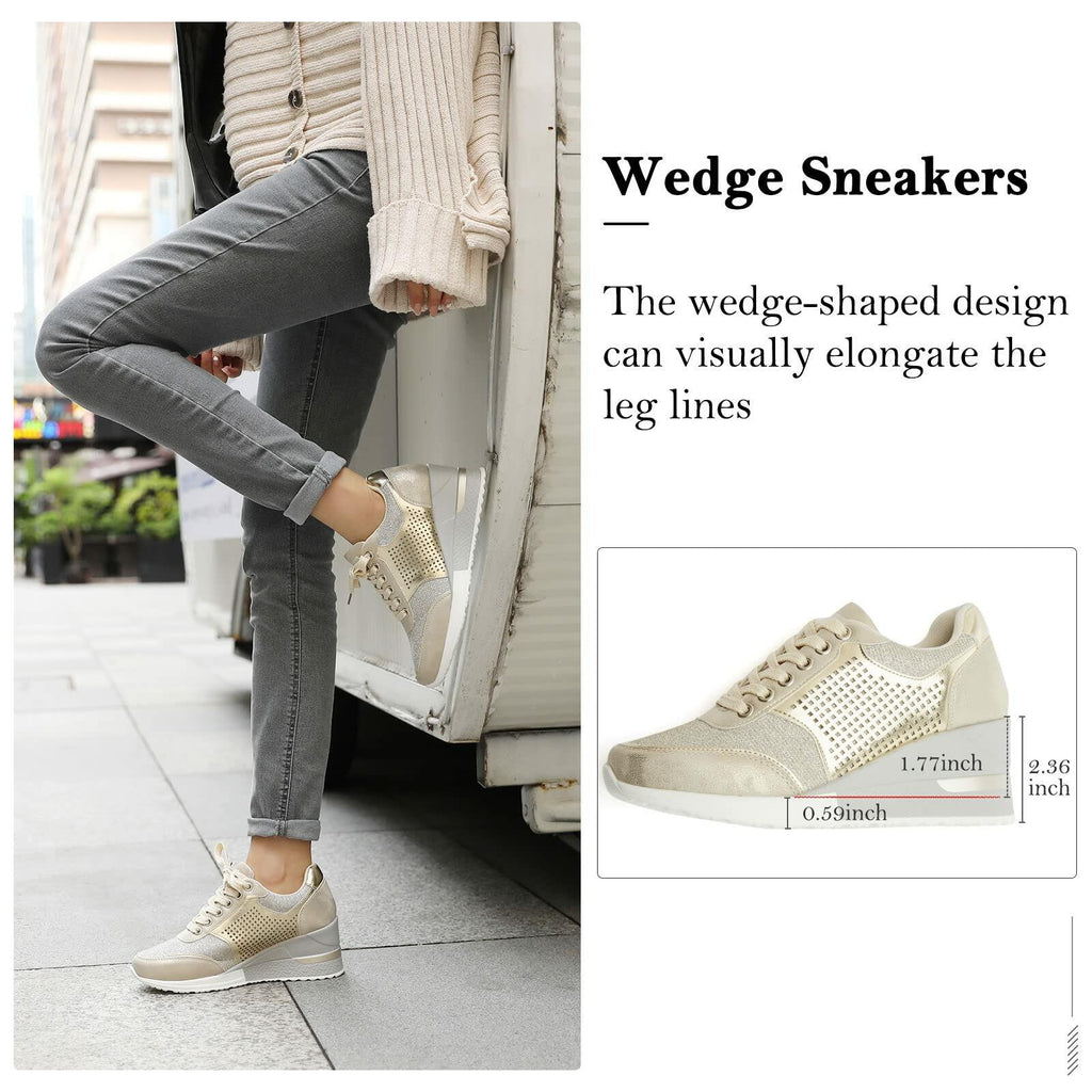 Gold High Heel Wedge Sneakers SM1-GOLD-6.5A Women Lace Up New